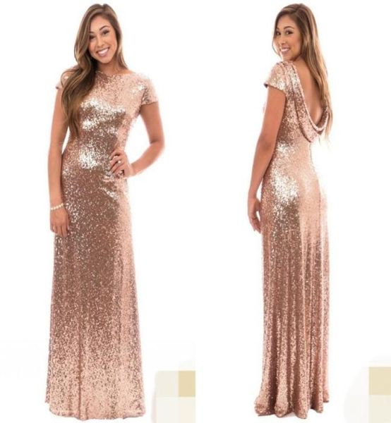 Rose Gold Plus Size Longos Vestidos de Dama de Honra com Manga Curta Babados Abertos nas Costas 2019 Casamento Convidado Vestidos de Noite Dama de Honra For7233653