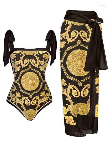 Mulheres Swimwear 2024 Verão Moda Feminina Vintage Ouro Impresso Lace-up Design Apertado One-Peça Sexy Bikini Swimsuit Saia Coberta