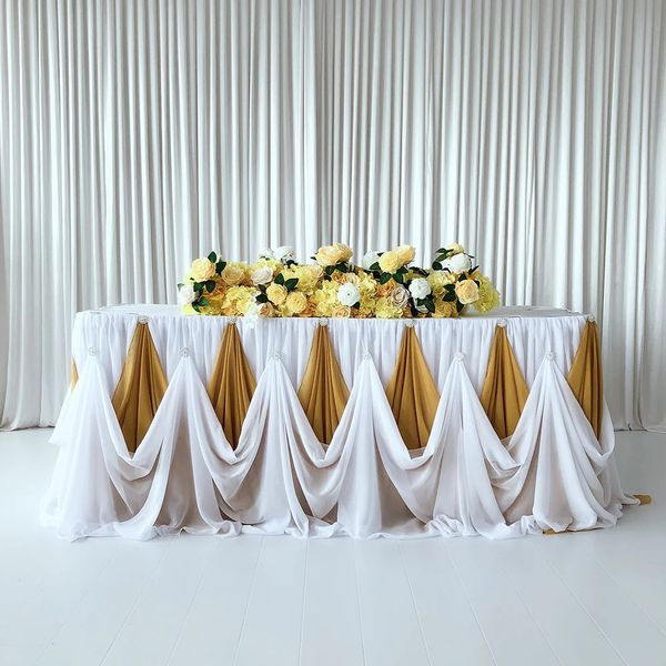 1 peça 10ftx30inch Design Ouro Branco Chiffon Mesa Rodapé Com Broche de Diamante de Luxo Para Festa de Casamento Deco Saia 240307