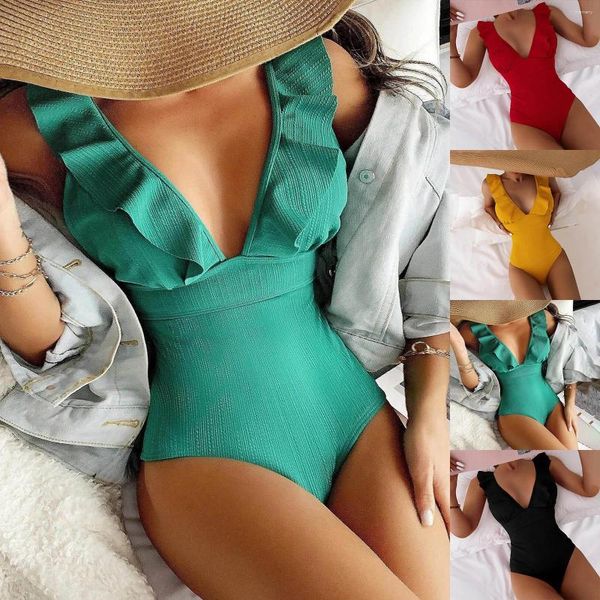 Kadın Mayo Siyah Mayo Bandeau Bikini Üst Elbiseler Styler Seksi V Boyun Açık Sırp Yaprağı Yaprak Uçan Kenar Kaplama