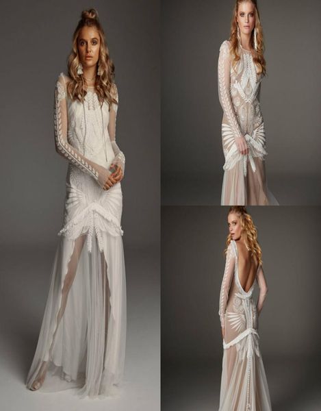 2019 Klassische Meerjungfrau-Hochzeitskleider mit Juwel-Ausschnitt, Spitzenapplikationen, bodenlang, zweiteiliges Strandhochzeitskleid mit langem Mantel, Vestidos3470124