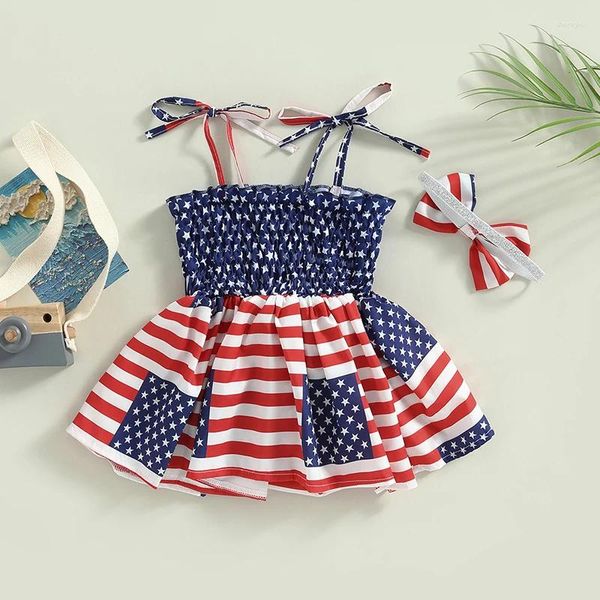 Vestidos de menina 4 de julho, bebê vestido de bebê sem mangas Straphetti Strap American Flag Star Summer listrado com faixa para a cabeça