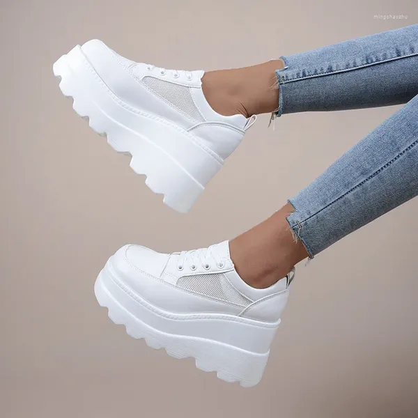 Sapatos de vestido 2024 Branco Cunha Sapatilhas Plataforma Respirável Oco Chunky Heel Bombas Mulheres Saltos