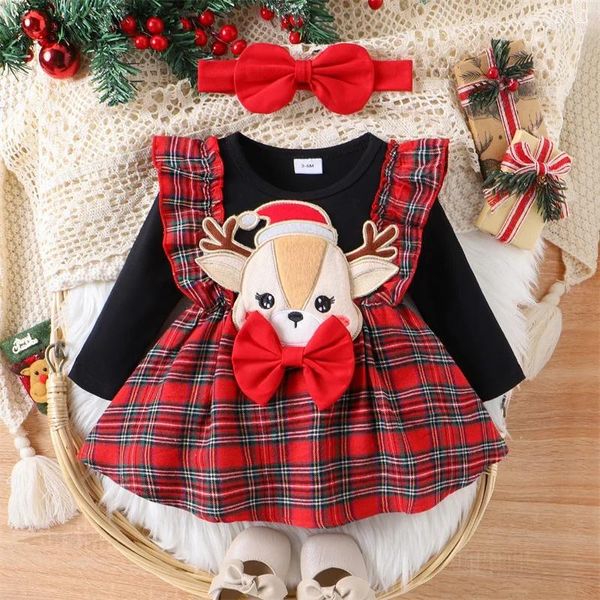 Платья для девочек, детское рождественское платье с рюшами и длинными рукавами, вышивка оленей, детская клетчатая клетка с повязкой на голову