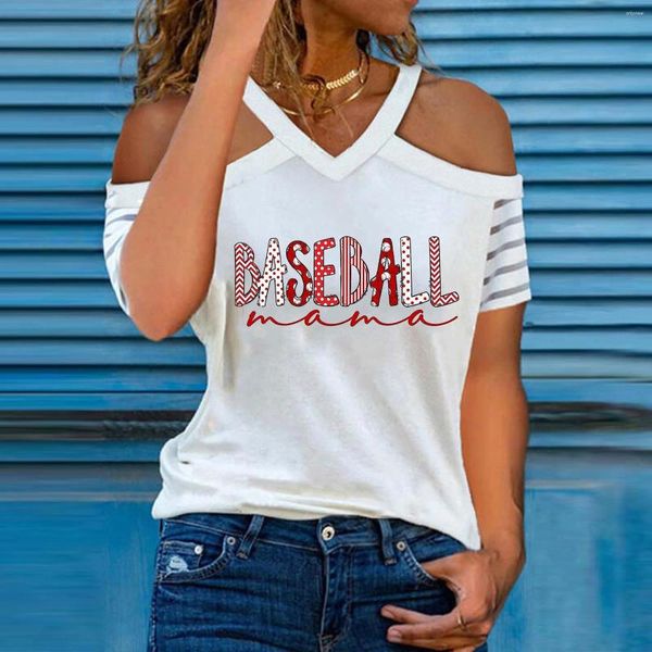 Damen-T-Shirts, schulterfrei, kurzärmelig, Damen-Blusen mit Baseball-Aufdruck, V-Ausschnitt, weiblich, 2024, Sommer, lässige Tops, T-Shirt, Streetwer