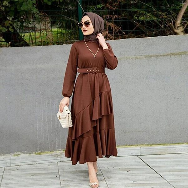 Abbigliamento etnico Eid Mubarak Ramadan Donne musulmane Ruffles Layer Tunica Abito da festa con cintura Marocco Caftano Turco Abaya Dubai Robe Islam