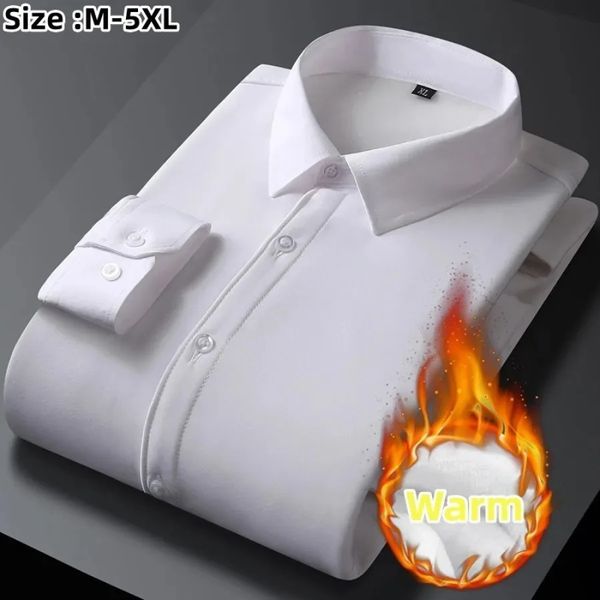 Mens outono inverno camisas de manga longa branco quente velo estiramento camisa formal negócios escritório wear vestido camisas masculino M-5XL 240318