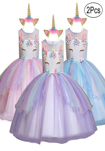 2019 Unicorn Kids Dress For Girl Birthday Party Dress Ragazza Petalo Abiti da sposa Cerimonia Eventi Abbigliamento estivo per bambini5470620