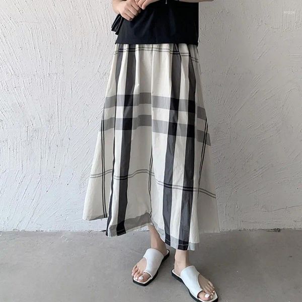 Röcke Casual Lange Für Frauen Sommer 2024 Elastische Taille Kontrast Farbe Plaid Maxi Rock Koreanischen Stil Lose Fit Weibliche Kleidung