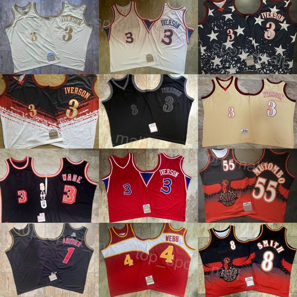 Otantik Basketbol Vintage Dikembe Mutombo Jersey 55 Allen Iverson 3 Steve Smith 8 Spud Webb 4 Dwyane Wade 3 Diğer 1 Gerileme Gömlek Spor Hayranları Retro Takımı