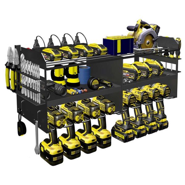 Estação de carregamento Spaclear, suportes de 3 camadas, suportes de perfuração de rack de metal resistente, organizador de ferramentas de garagem e armazenamento com faixa de energia de 8 tomadas