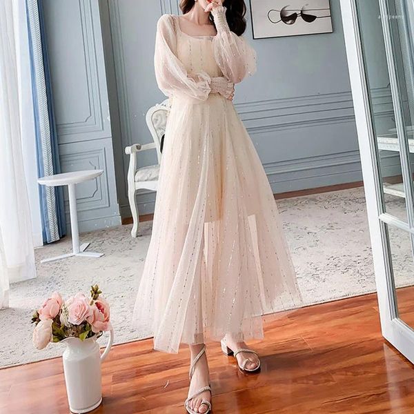 Casual Kleider Sommer Pailletten Fee Kleid Frauen Elegante Süße Puff Sleeve Koreanische Dünne Feste Maxi Club Party 2024