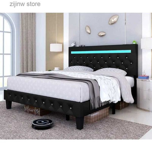 Outros suprimentos de cama Estrutura de cama com painel superior decorativo ajustável em mais de 60.000 cores, luzes LED controladas por aplicação, mola sem moldura necessária preta Y240320