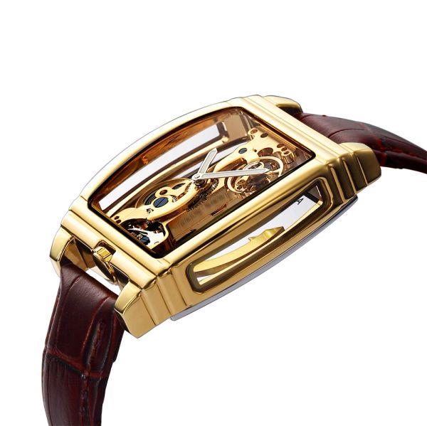 Relógios Shenhua Mens Caso Dourado Design Minimalista Pulseira de Couro Marrom Transparente Relógio Top Marca Steampunk Relógio de Pulso Automático