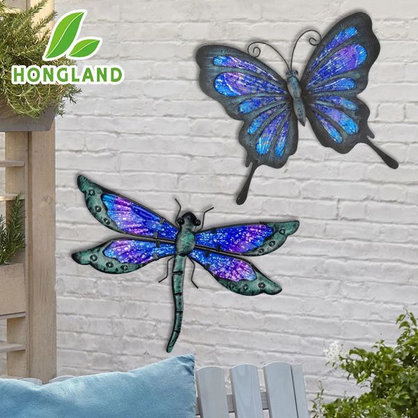 Hongland-metal borboleta libélula decoração de jardim escultura estátua para arte de parede ornamentos de pátio quintal 2 peças 240318