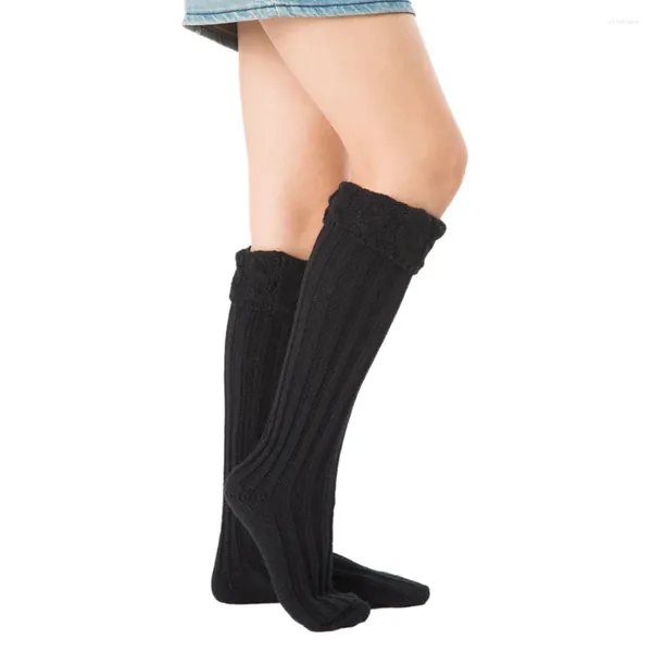 Meias femininas 1 par de meia de tricô elástica quente cor sólida macia respirável para forros de botas de chuva