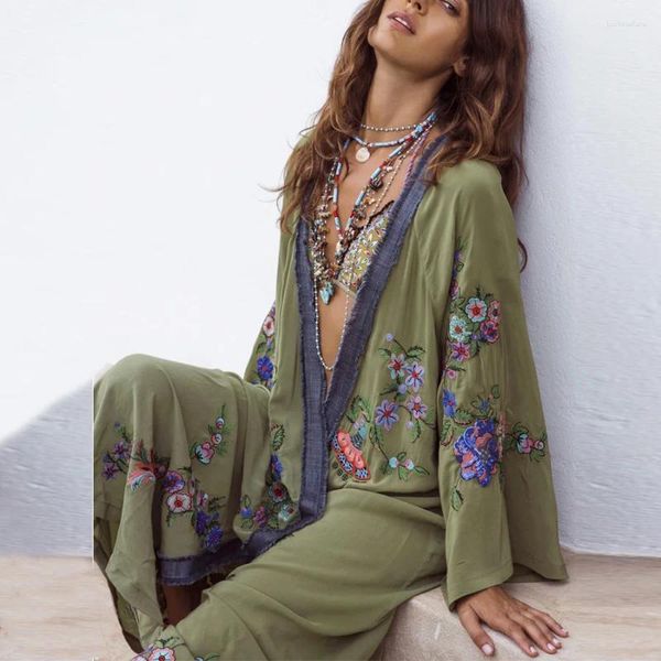 Uzun Boho Hırka Açık Yeşil Çiçek Nakamı Plaj Bikini Örtün Kaftan Kimono Robe Yaz Gevşek Kadınlar Bluzlar