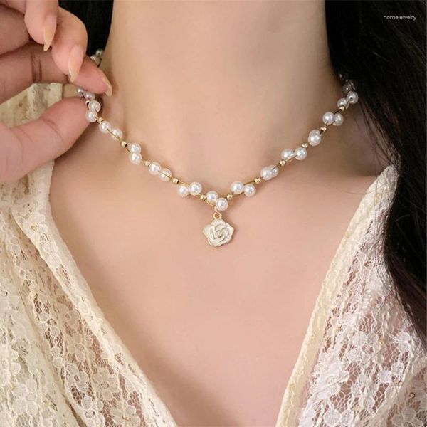 Anhänger Halsketten Klassische Perle Weiße Kamelie Halskette Süße Frühlingskette Picknick Party Schmuck Zubehör Geschenk für Frauen