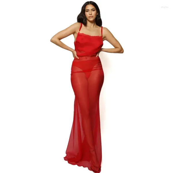 Платья для вечеринок увидят сквозь одежду из красной шифоновой женщины, открытая спина сексуальное платье, длина пола, длинное вечернее ночное платье