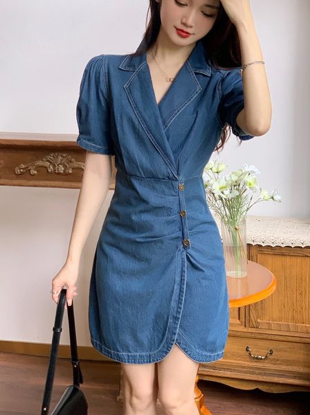 Büyük S-4XL Retro V-Guth Kısa Kollu Denim Elbise Kadınlar İçin Yaz Yüksek Bel İnce A-Line Sarma Kalça Elbiseler Tek Kelime Kelimelı 240329