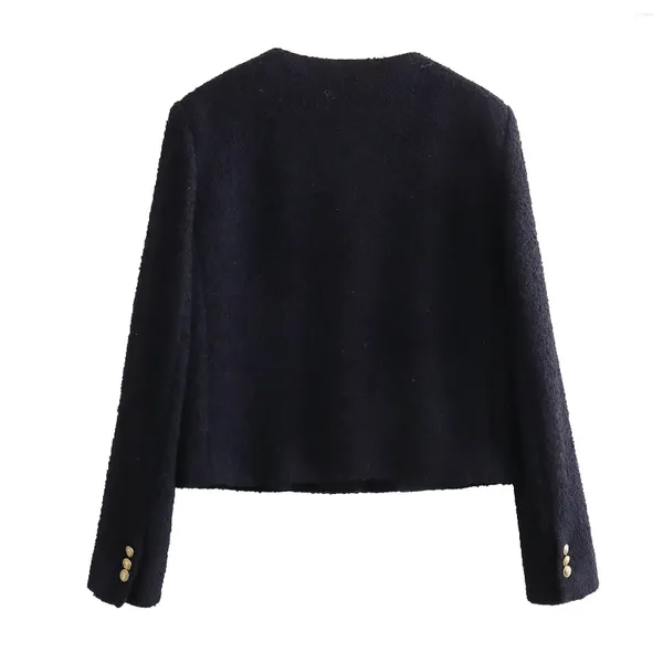 Jaquetas femininas murchas vintage botões de ouro casual inverno casaco de lã mulheres tops francês elegante chenille marinho