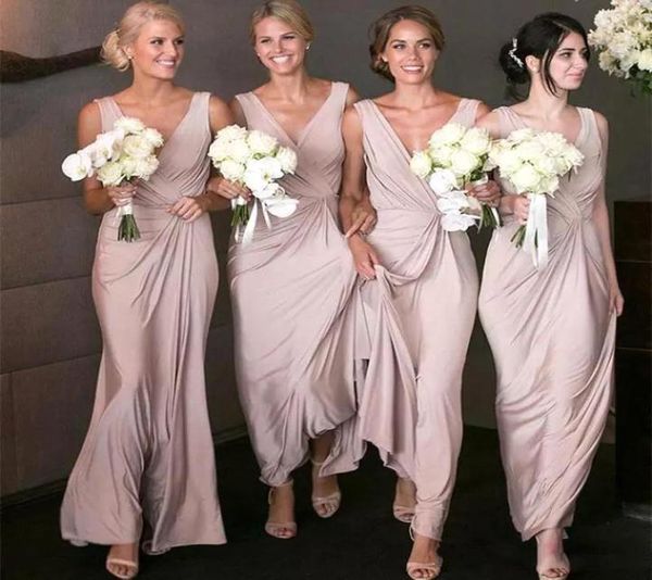 Элегантные платья подружки невесты пыльной розы с длинным V-образным вырезом длиной до пола, шифоновое драпированное платье без рукавов для фрейлины, свадебное платье для гостей 8560857