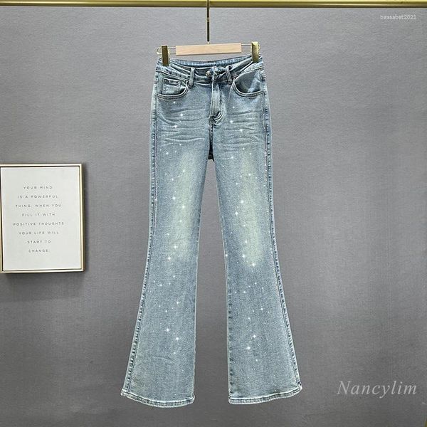 Damen Jeans Skinny Denim Boot-Cut Hosen Trendy 2024 Frühling Hohe Taille Slim Fit Schlankmachende Strass Mopp Blaue Hose