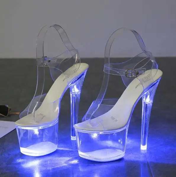 Elbise ayakkabıları büyük boy sandalet açık topuk ışık yayan pvc platform toka kayış süper yüksek topuklu ince katı kadınlar 2019 yeni H240321enlcmrbw