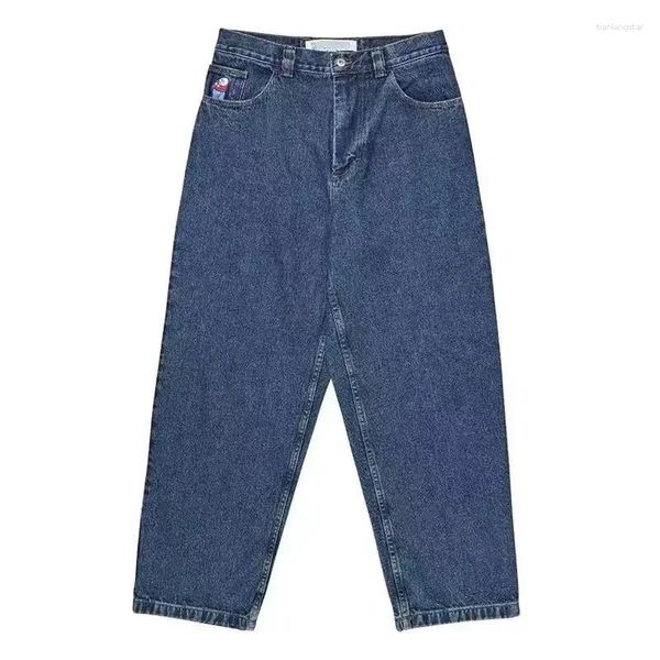 Jeans masculinos grande menino y2k calças homens hip hop desenhos animados bordado retro azul baggy moda casual harajuku cintura alta calças largas