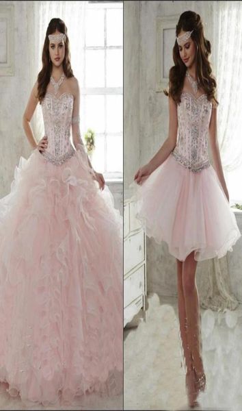 Rosa Quinceanera-Kleider mit abnehmbarem Rock 2020, Kristallperlen, herzförmiger Organza, gerüscht, Sweet-15-Partykleider, Mädchen-Maske7201917