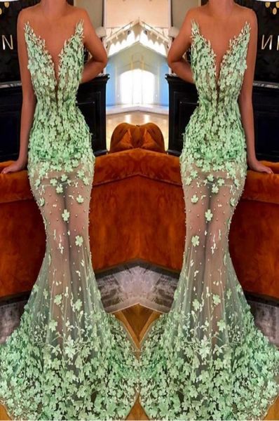 Limettengrünes, durchsichtiges Meerjungfrau-Abschlussballkleid 2019, 3D-Blumenapplikationen, transparenter Juwelenausschnitt, ärmelloser Tüll, bodenlang, Celebrity Even5874825