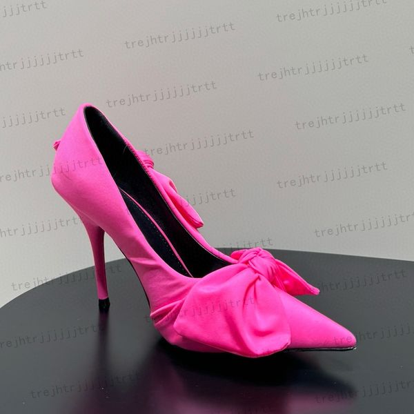 Rosa de seda cetim stiletto vestido sapatos bombas bowtie decoração sola de couro apontado dedo do pé deslizamento-em sapatos de noite mulheres designer de luxo saltos altos 34-42 com caixa