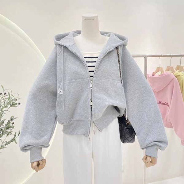 Kadın Hoodies Çift fermuarlı kapüşonlu sweatshirt 2024 Bahar Koreli Sıradan çok yönlü renkli kısa moda hırka ceket