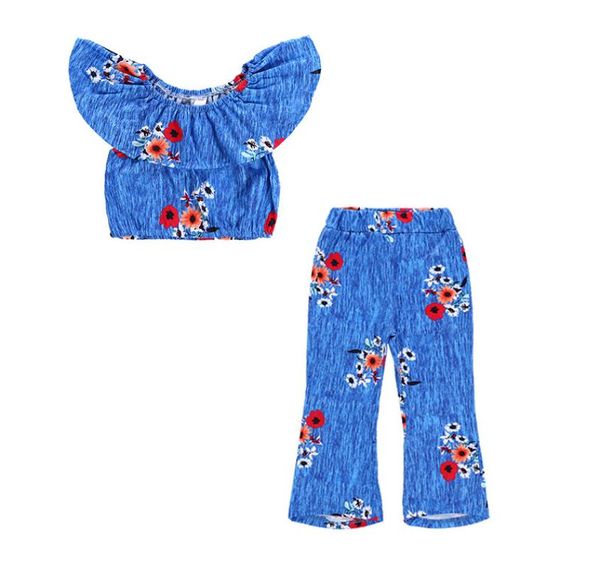 Çocuklar Giyim Bebek Kız Giysileri Set Mavi Çiçek Omuz Kapalı Üstler Çiçek Gevşek Bellbottom Pantolon 2 PCS Kız Kıyafetleri Set Çocuklar6485888