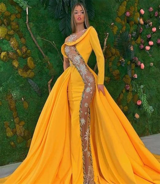 2020 Gelbe Meerjungfrau Abendkleider Spitze Pailletten Transparent Lange Formale Abendkleider Überrock Roter Teppich Kleid6891590