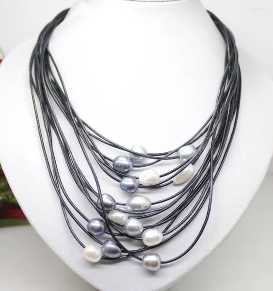 Ketten 01–12 mm echte weiße graue schwarze Süßwasserperlen-Anhänger-Halskette, Lederband, Magnetverschluss, Modeschmuck