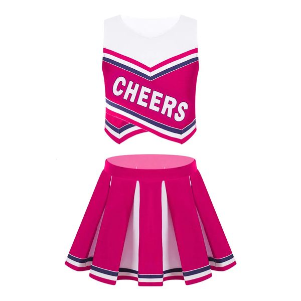 Bambini Ragazze Cheerleader Uniforme Vestito Senza Maniche Crop Top Gonna A Pieghe Set Studente Studentesse Carnevale Sport Fancy Dress 240305