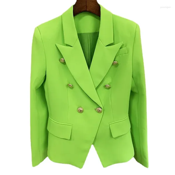 Женские костюмы, весенне-осенний тренд одежды 2024, двубортный тонкий пиджак с золотыми пуговицами, флуоресцентный зеленый элегантный пиджак