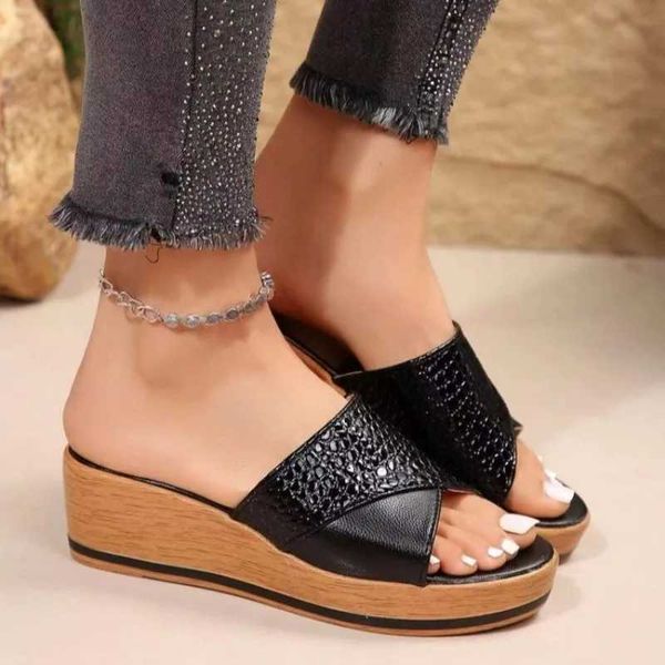 Chinelos plataforma sandálias femininas 2024 nova moda coreana sapatos de cunha senhoras salto alto fundo grosso mules verão casual feminino h240325