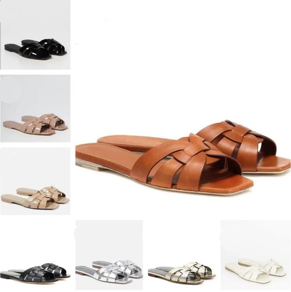 Designer-Mode-Sandalen für Damen, Leder-Slides, flache Damen-Strand-Freizeit-Hausschuhe, Damen-Komfort, verflochtene Riemen, Wanderschuhe