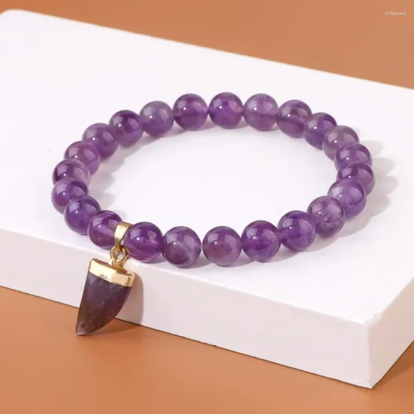 Braccialetti con ciondoli Pietra naturale Bracciale con perline da 6 mm Guarigione Reiki Ametiste Forma di coltello per donna Uomo Gioielli Regali