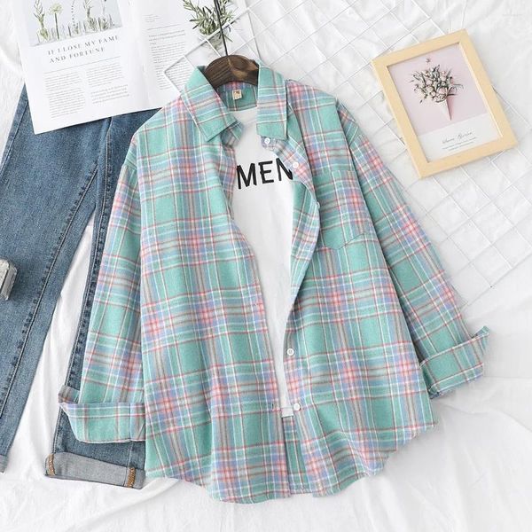 Kadın Bluzları Marka Günlük Ekose Gömlek 2024 Sonbahar Butik Bayanlar Gevşek Bluz ve Üstleri Kadın Uzun Kollu Giysiler