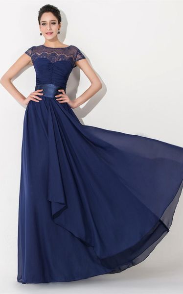 Elegante Chiffon-Spitze Marineblau Lange Brautjungfernkleider Kurzarm Taillierte Schärpe Abendkleider Plus Size Trauzeugin Kleider Unde3310560