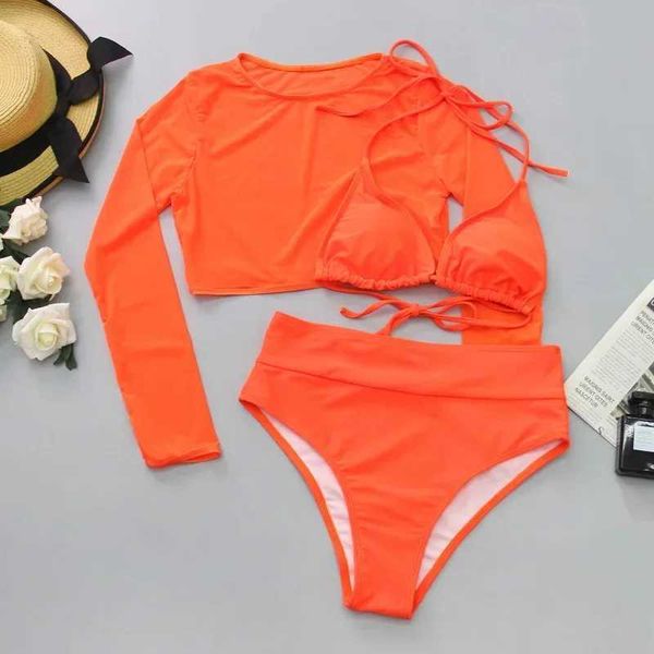Damen-Bademode, sexy Neon-Orange-Bikini, 2023, langärmelige Netz-Augenmaske, 3-teilige Badebekleidung mit hohem Schnitt, Push-Up-Bademode J240319
