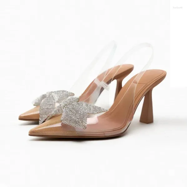 Sapatos de vestido sandálias femininas traf2024 verão estilingue transparente salto alto moda bombas cristal diamante arco decorar mulas de salto alto pvc