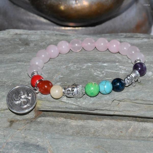 Strang Buddha Armband 7 Chakra Rosa Kristall ArmbänderGlückselefant OM Yogamala Perlen Gebet