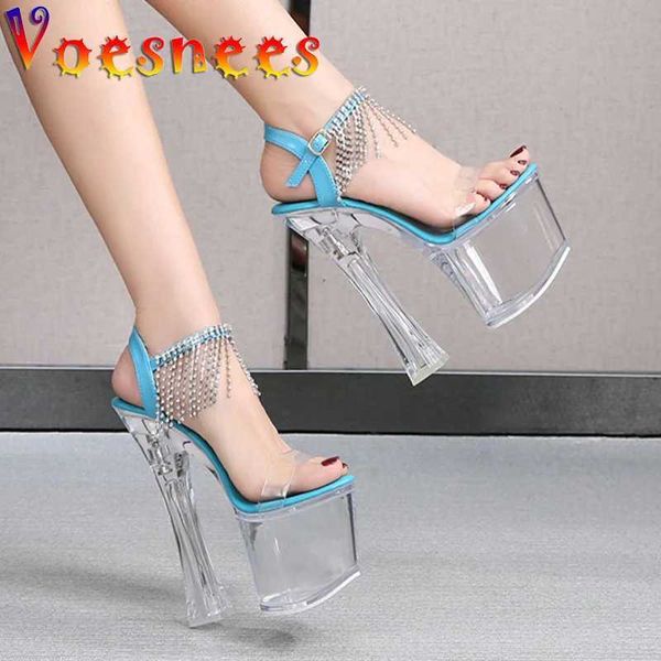 Sapatos de vestido verão mulheres moda dançando salto alto espumante borla broca nightclub modelo passarela sexy transparente sandálias de cristal h240325