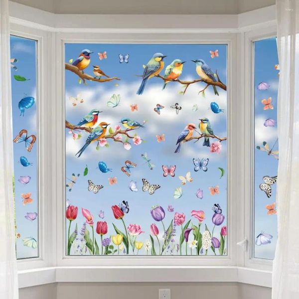 Fensteraufkleber, wiederverwendbar, Frühlingsaufkleber, buntes Set mit Blumen, Vögeln, Schmetterlingen, wasserdichte PVC-Glasdekoration