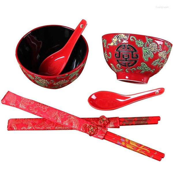 Наборы столовой посуды, китайская красная фарфоровая миска для ужина, свадебный подарок для пары, палочки для еды подружки невесты, ложка, посуда, керамический набор