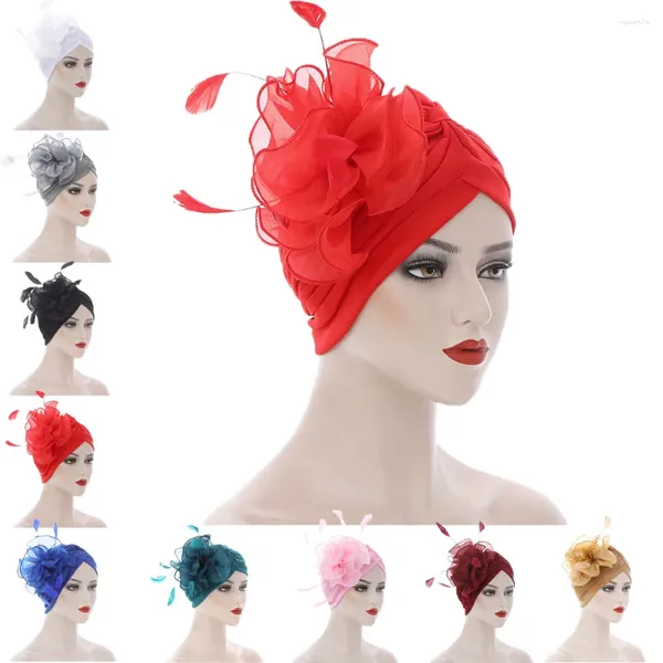 Abbigliamento etnico Piuma Fiore Turbante Donna Hijab musulmano Cofano a pieghe Cappello Festa nuziale Fascia Forcina Berretto chemio Foulard Capelli